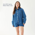 Long Sleeve Denim Romper Medium Wash