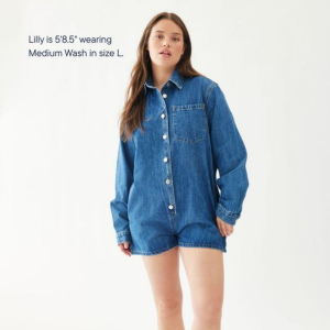 Long Sleeve Denim Romper Medium Wash