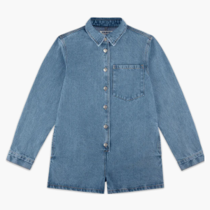 Long Sleeve Denim Romper Vintage Wash