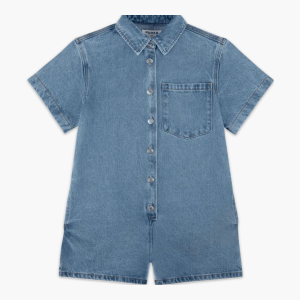 Short Sleeve Denim Romper Vintage Wash